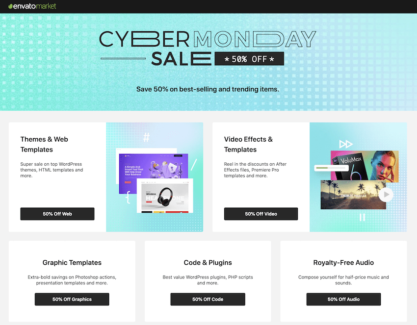 Envato wtyczki wordpress szablony WWW animacje muzyka promocja rabat obniżka Black Friday 2020
