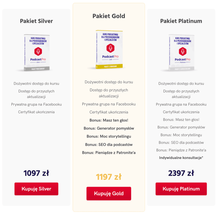 trzy pakiety cenowe podcastpro