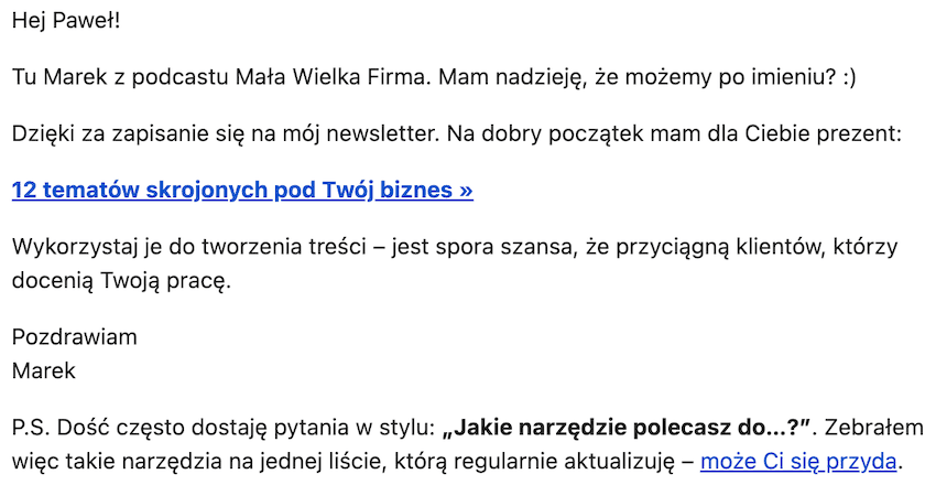 przykład maila powitalnego przy zapisie na liście mailingową – ważny element w lejku sprzedażowym